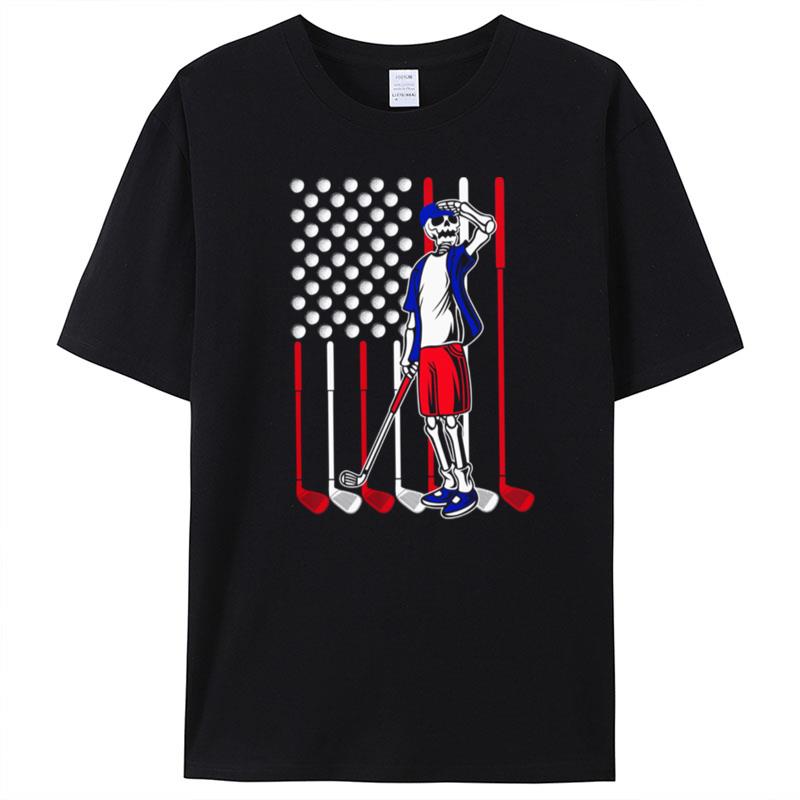 Skeleton Playing Golf With American Flag T-Shirt Unisex